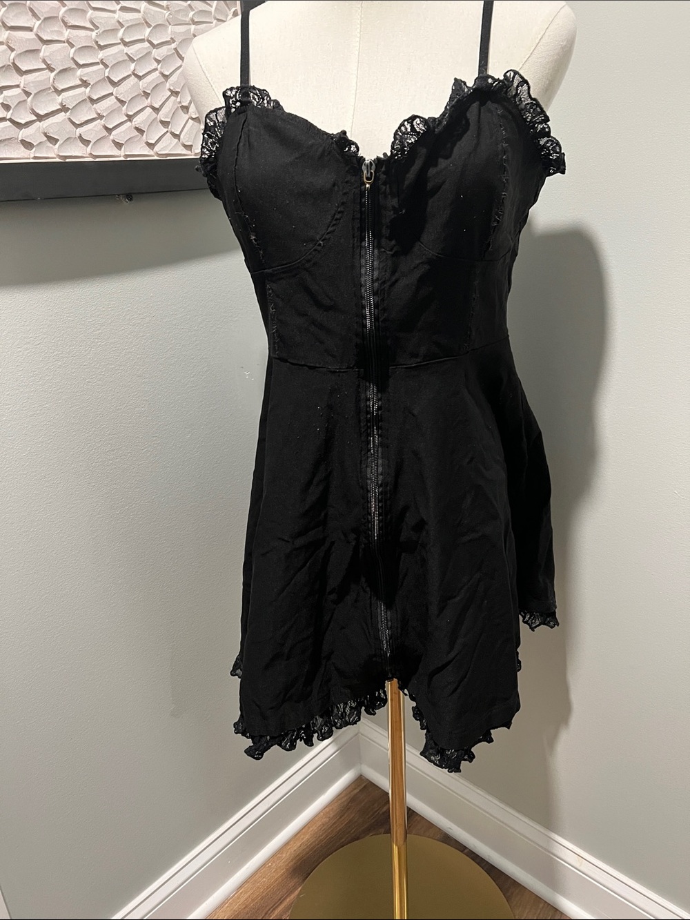 Killstar Black Lace-Trim Zip Front Slip Dress